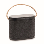 Zwarte draadloze luidspreker met jute draaggreep 15W kleur zwart weergave met bedrukking