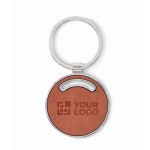 Metalen sleutelhanger in ronde vorm met kunstleren inleg kleur bruin weergave met bedrukking