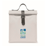 Roll-top koeltas van polyester met handvat en lederen sluiting kleur wit weergave met bedrukking