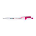 Soft balpen van gerecycled plastic in twee kleuren, blauwe inkt kleur fuchsia weergave tampondruk