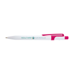 Sofistische balpen van gerecycled plastic, zwarte inkt kleur fuchsia weergave tampondruk