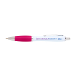 Gebogen balpen van gerecycled plastic met grip, zwarte inkt kleur roze