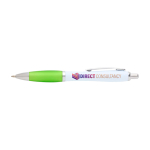 Gebogen balpen van gerecycled plastic met grip, zwarte inkt kleur limoen groen