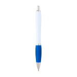 Gebogen balpen van gerecycled plastic met grip, zwarte inkt kleur pastel blauw tweede weergave achterkant