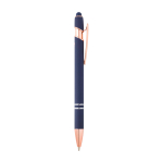 Gerecyclede aluminium pen met roségouden details, blauwe inkt kleur marineblauw tweede weergave met zijkant