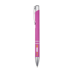 Balpen van gerecycled aluminium met gelakte afwerking, blauwe inkt kleur fuchsia tweede weergave tampondruk