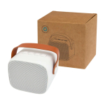 Draadloze luidspreker van gerecycled plastic met leren band 3W kleur wit
