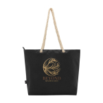 Strandtas van gerecycled polyester met koordhandvatten 23L kleur zwart weergave achterkant met logo