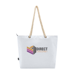 Strandtas van gerecycled polyester met koordhandvatten 23L kleur wit weergave achterkant met logo
