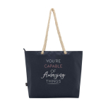 Strandtas van gerecycled polyester met koordhandvatten 23L kleur marineblauw weergave achterkant met logo