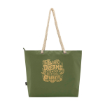Strandtas van gerecycled polyester met koordhandvatten 23L kleur olijfgroen weergave achterkant met logo