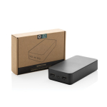 Milieuvriendelijke powerbank van 20.000 mAh met 3 oplaadpoorten kleur zwart weergave met doos