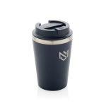Ecologische dubbelwandige thermische mok met lekvrij deksel 350 ml kleur blauw weergave met logo