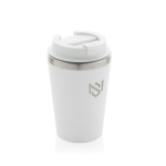 Ecologische dubbelwandige thermomok met lekvrije deksel 350ml kleur wit weergave met logo