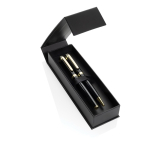 Set pennen van gerecycled messing met gouden details en blauwe inkt kleur zwart weergave met doos