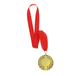Klassieke winnaarsmedaille met gouden afwerking en rood lint tweede weergave