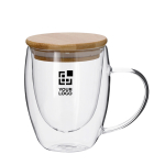 Mok van borosilicaatglas met bamboe deksel, 300 ml met jouw bedrukking