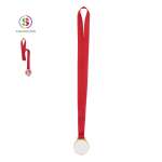 Typische metalen medaille met gouden afwerking en rood lint
