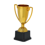 Gouden trofee met handvatten aan de zijkanten op een zwarte basis tweede weergave