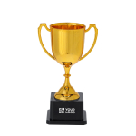 Typische gouden trofee met twee handvatten en zwarte basis met jouw bedrukking