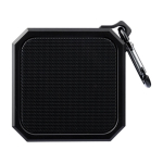 Kleine vierkante speaker met karabijnhaak voor transport kleur zwart eerste weergave