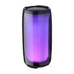 Zwarte speaker met meerdere lichtmodi, ideaal voor buitengebruik tweede weergave