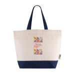 Tas van gerecycled katoen met handgreep en gekleurde bodem 320 g/m² kleur blauw derde weergave