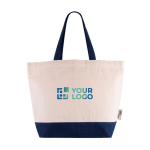 Tas van gerecycled katoen met handgreep en gekleurde bodem 320 g/m² kleur blauw met afdrukgebied