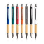 Pen van gerecycled aluminium met bamboe grip, blauwe inkt