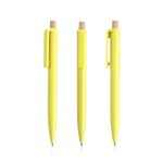 Pen van gerecycled plastic met bamboeknop, blauwe inkt kleur geel