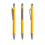 Eco-pen van herbruikbaar plastic met rubberen afwerking, blauwe inkt kleur geel