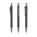Eco-pen van herbruikbaar plastic met rubberen afwerking, blauwe inkt kleur donkergrijs