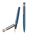 Set van pen en rollerpen met roségouden details, zwarte inkt kleur marineblauw