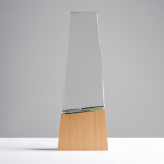 Gestileerde glazen trofee met houten voet die elegantie uitstraalt