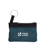 Eenvoudige nylon portemonnee met zwarte rits en sleutelhanger kleur blauw met jouw bedrukking