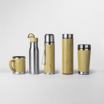 Stalen thermosfles met bamboe coating 420 ml kleur zilver detailweergave 3
