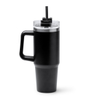Thermosfles van gerecycled roestvrij staal met rietje 870 ml kleur zwart tweede weergave