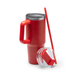 Thermosfles van gerecycled roestvrij staal met rietje 870 ml kleur rood detailweergave 2