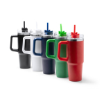 Thermosfles van gerecycled roestvrij staal met rietje 870 ml kleur rood detailweergave 5