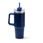 Thermosfles van gerecycled roestvrij staal met rietje 870 ml kleur marineblauw tweede weergave