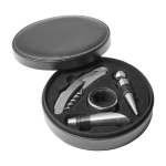 Wijnset in ronde doos met 4 roestvrijstalen accessoires kleur zwart