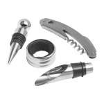 Wijnset in ronde doos met 4 roestvrijstalen accessoires kleur zwart