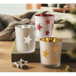 LED kaars in glazen pot met kerststerren kleur rood sfeervolle weergave