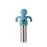 Roestvrijstalen thee-infuser in de vorm van een mannetje van silicone kleur lichtblauw weergave met bedrukking