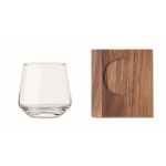 Korte glazen whiskyglas met acaciahouten onderzetters kleur doorzichtig vijfde weergave