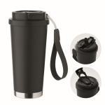 Gerecycled RVS glas met deksel en rietje 2-in-1 500ml kleur zwart