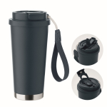 Gerecycled RVS glas met deksel en rietje 2-in-1 500ml kleur marineblauw