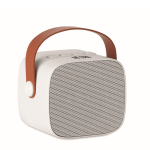 Vierkante luidspreker met vintage bruine leren handvat kleur wit weergave met bedrukking