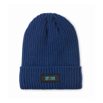 Unisex gebreide muts in diverse kleuren met patch om te personaliseren kleur blauw weergave met bedrukking