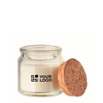 Kaars van plantaardige was met vanillearoma en kurken deksel kleur beige weergave met bedrukking
